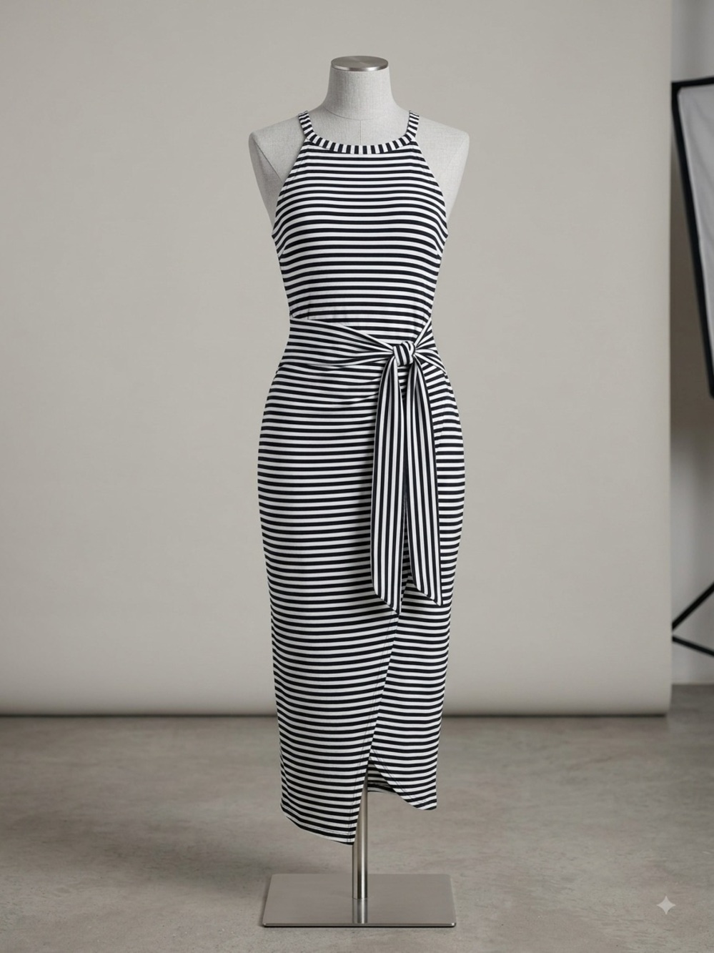 Striped Tie-Waist Midi Dress - Black & White